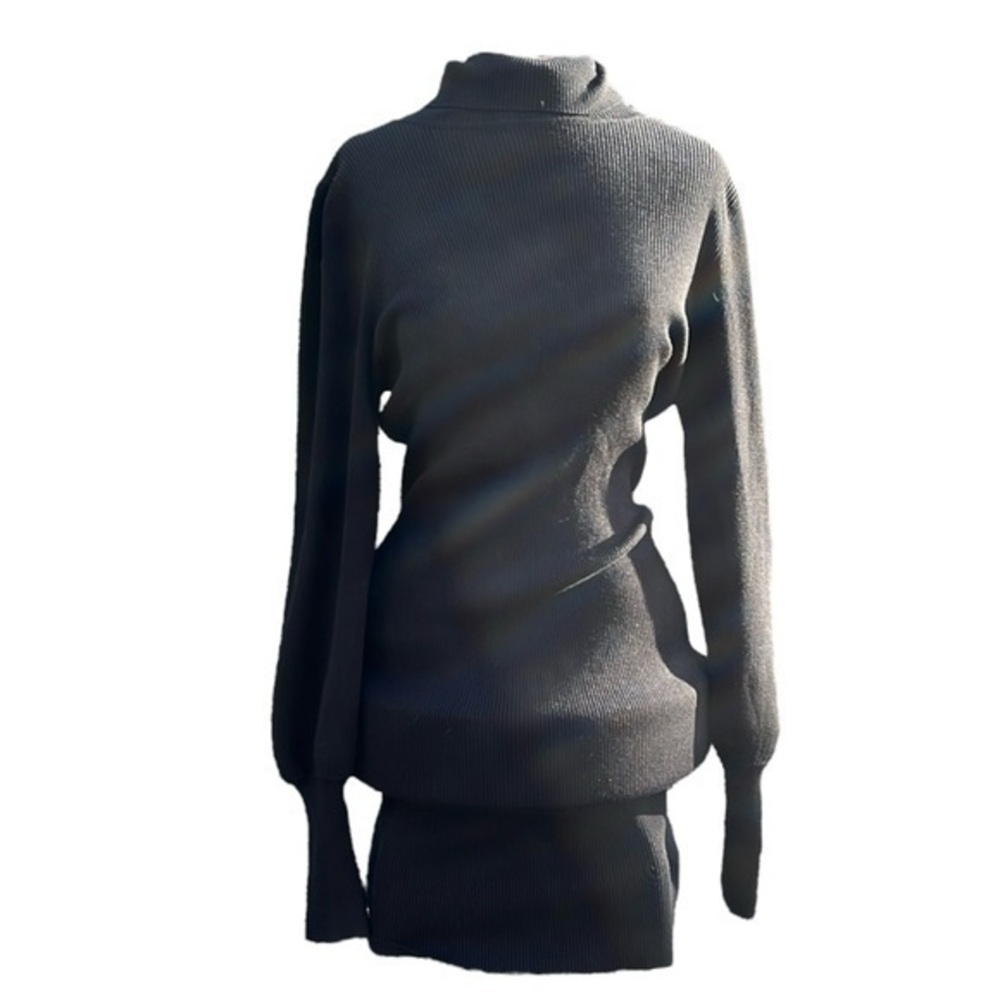 MONTREZ Sweater Dress Ribbed Turtleneck Puffy Long Sleeves Mid Length Black XL
